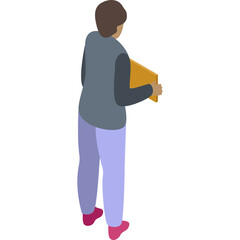 Isometric view of a person holding a yellow box wearing a gray long sleeve shirt and light blue pants with pink shoes against a white background