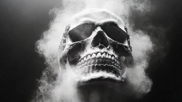 Dramatic Human Skull Surrounded by Billowing White Smoke.