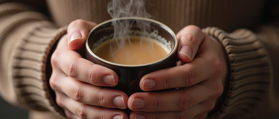 Warm beverage in hands, cozy atmosphere, steam rising, comfort, relaxation, enjoying coffee