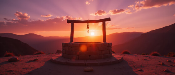 Serene sunset over stone well, surrounded by mountains, creates tranquil atmosphere. sun rays illuminate scene, enhancing beauty of nature