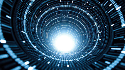 Digital tunnel abstract design light at end futuristic technology data flow binary code circular pattern glowing effect depth perception