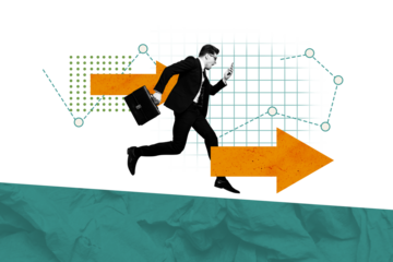 Composite photo collage of scream businessman run promotion arrow hold iphone device scream career progress isolated on painted background