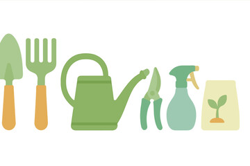 Obraz premium Set of essential garden tools including watering can, hand trowel, shears, and plant food
