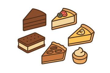 Isometric set of sweet desserts featuring chocolate cake, fruit cheesecake, pumpkin pie, and ice cream sandwich