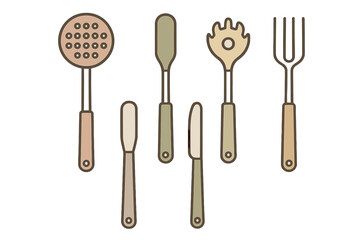 Skimmer, butter spreaders, pasta server, and serving fork kitchen utensil collection in neutral colors