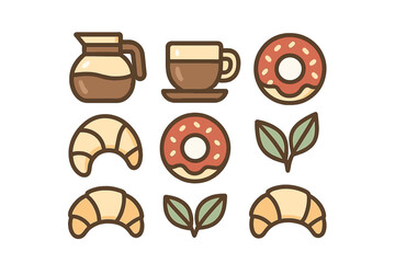 Sweet breakfast and coffee items including donuts, croissants, coffee pot, and tea leaves