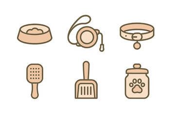 Collection of essential pet care accessories including food bowl leash collar brush and treats jar