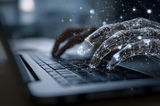A robotic and human hand typing on a laptop keyboard. The glowing wireframe hand symbolizes AI and automation working alongside a person. Concept of human-AI collaboration and the future of technology