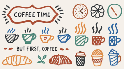 A cozy hand-drawn doodle illustration with steaming coffee cups, pastries, croissants, mugs, and teapots.