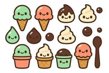 Adorable collection of smiling ice cream scoops, cones, cups, and sweet dessert toppings