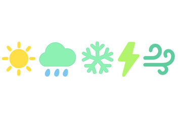 Obraz premium Colorful collection of five weather symbols: sun, rain, snow, lightning, and wind for forecast applications