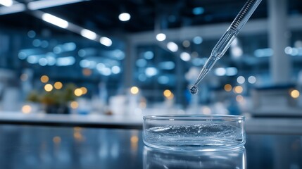 High-tech research environment where a glass pipette dispenses a droplet into petri dish, emotion of innovation and calm expertise visible, representing molecular biology, pharmaceutical