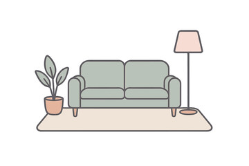 Cozy minimalist living room interior with sofa, floor lamp, and potted houseplant