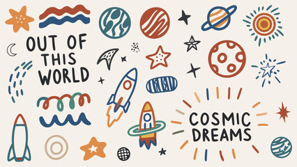 A hand-drawn cosmic doodle featuring rockets, planets, stars, astronauts, and UFOs.