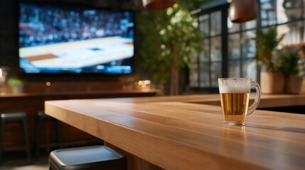 Glowing television screens flicker in a sports bar, their images reflecting on a polished wooden bar counter, its grain worn. A metal stool, its legs scratched, stands empty, and a glass mug, its