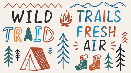 A hand-drawn outdoor adventure doodle featuring mountains, tents, pine trees, campfires, backpacks, and hiking boots.