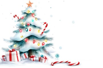 Obraz premium Festive christmas tree with star topper and colorful ornaments and gifts on snowy background