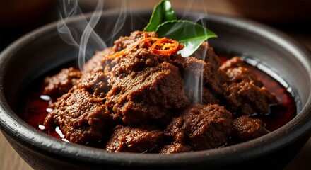 Closeup of steaming beef rendang in a dark bowl
