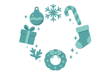 Minimalist winter holiday symbols arranged in a circular frame design for seasonal decoration