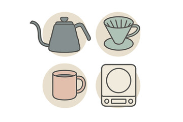 Minimalist set of pour over coffee brewing equipment including kettle dripper mug and scale