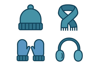 Fototapeta premium Blue winter clothing items featuring a warm knit hat, knotted scarf, pair of mittens, and earmuffs