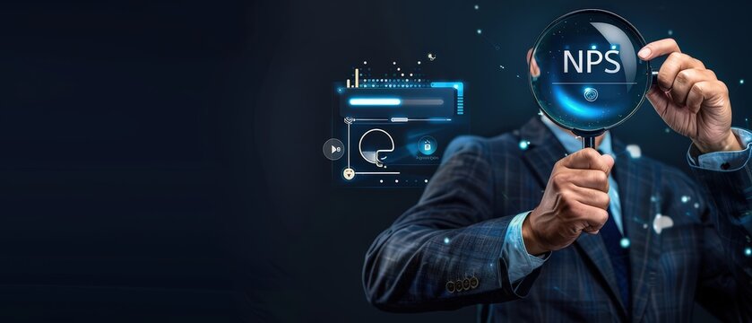 Businessman in suit holding magnifying glass and analyzing virtual data interface with NPS charts. Concept of customer satisfaction, data analysis, business intelligence, and performance evaluation.