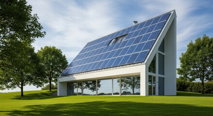 Fototapeta premium Modern house with solar panels on the roof and green lawn