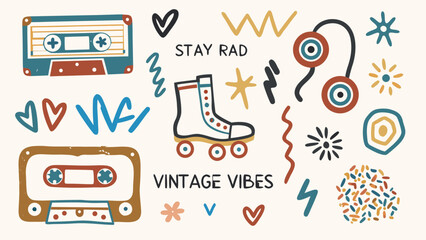 A nostalgic doodle set inspired by the 1990s, with cassette tapes, roller skates, pixel hearts, boom boxes, and floppy disks. © Fatema