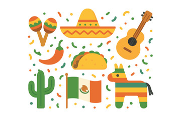 Collection of traditional Mexican fiesta symbols including sombrero, maracas, guitar, and pinata