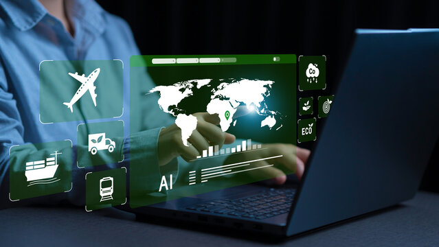 Businessmen use laptops for eco-friendly transportation and digital world maps, and AI technology for modern transportation and logistics.