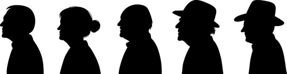 Set of silhouettes of elderly people, portrait, vector
