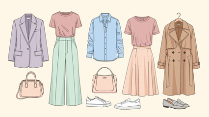 Women's Pastel Fashion Outfits. Collection of Stylish Apparel, Accessories, Blazer, Trench Coat, Skirt, Pants, Shirts, Handbags, and Shoes.