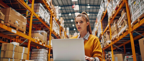 Confident female warehouse manager working on laptop in large industrial storage facility. Concept of logistics, supply chain, inventory management, ecommerce, distribution and business technology.
