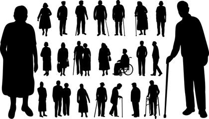 Fototapeta na wymiar Set of silhouettes of elderly people, old people, vector