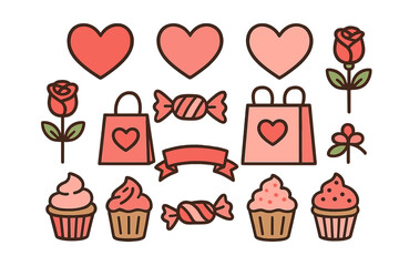 Cute Valentine's Day set featuring hearts, roses, gift bags, candy, and cupcakes