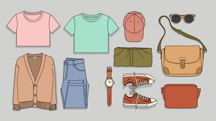 Casual Fashion Outfit Essentials Flat Lay. Modern Everyday Clothing and Accessories Collection. Vector Illustration.