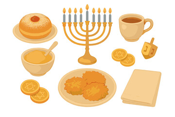 Golden menorah with lit candles alongside traditional Hanukkah foods and symbols on white background