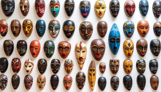 Exploring the richness of global culture through diverse masks displayed in a vibrant gallery setting