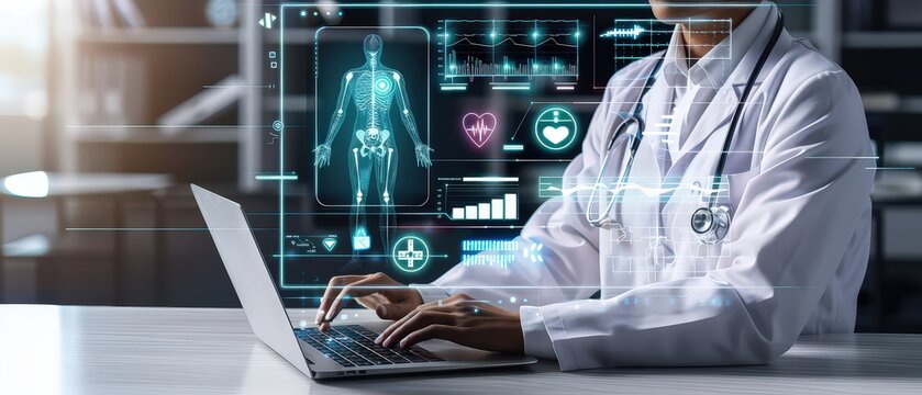 Doctor in white coat using laptop with holographic medical interface showing human body and health data charts. Concept of digital medicine, healthcare innovation, telemedicine, and AI medical.