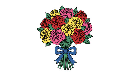 Vibrant Mixed Rose Flower Bouquet Graphic Art with Blue Ribbon, Isolated on White