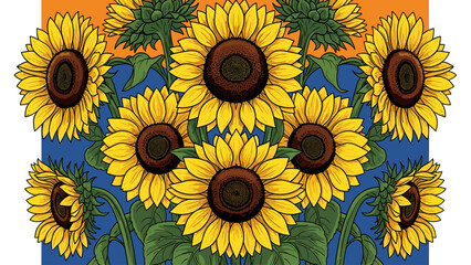 Bright Sunflowers Illustration on a Colorful Blue and Orange Background, Summer Floral Graphic Art