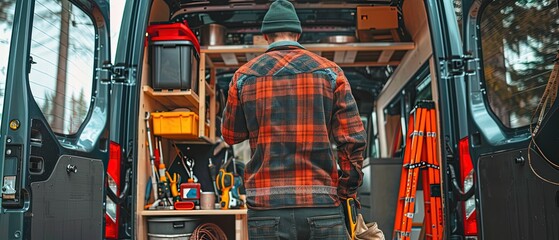 Rear view of a handyman in work clothes standing by an open yellow van filled with tools and equipment. Concept of mobile repair service, construction, renovation and home maintenance support.