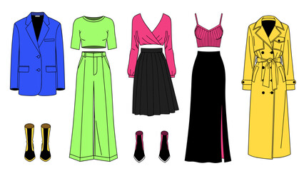 Vibrant Women's Fashion Outfits Flat Lay. Modern Apparel Collection: Blazer, Trench Coat, Crop Tops, Skirts, Trousers & Heels.