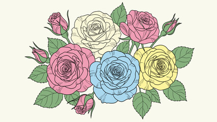 Pastel Roses Bouquet Illustration. Hand-Drawn Floral Arrangement with Pink, Blue, Yellow Blooms and Green Leaves.