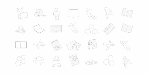 Collection of simple line art icons depicting people reading studying and engaging in leisure activities on a white background