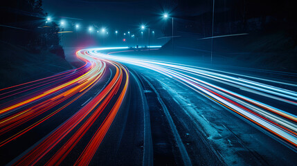 Dynamic long exposure photograph of a city highway at night with colorful light trails from moving cars. Urban scene with modern city lights, speed and motion concept.