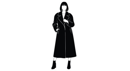 Elegant black and white minimalist illustration of a fashionable woman in a long stylish coat, embodying modern urban chic and sophisticated lifestyle fashion with a cool, confident stance