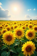 Obraz premium Sunlit Sunflower Field Vibrant Summer Bliss, Joyful Energy and Positive Vibes
