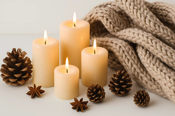 Cozy composition with candles, pine cones and a knitted blanket on a white background