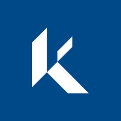 Geometric Letter K. Modern geometric letter K logo design with clean lines and minimalist style on a blue background. Abstract monogram concept suitable for branding, corporate identity, and creative 